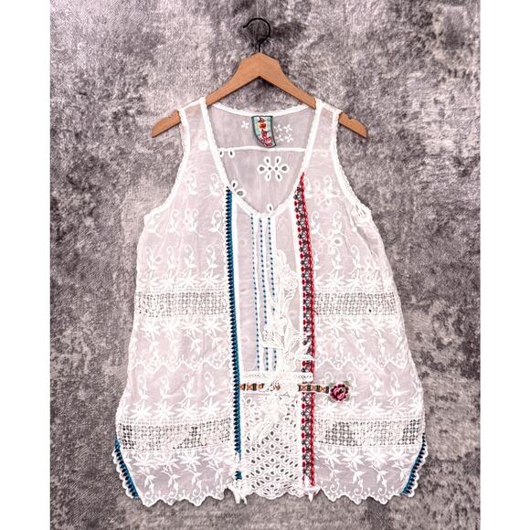 Johnny Was Tunic Top Medium Womens White Embroidered Eyelet Cupra Rayon - Picture 1 of 8